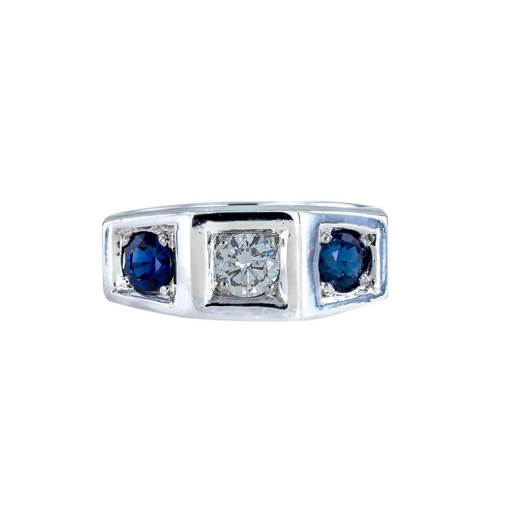 Round Cut Art Deco Diamond Sapphire White Gold Three Stone Ring For Sale