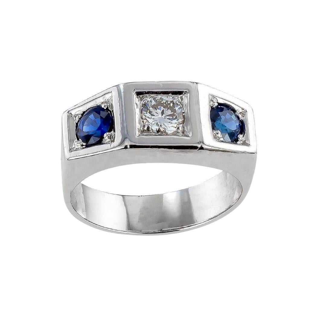Art Deco Diamond Sapphire White Gold Three Stone Ring For Sale