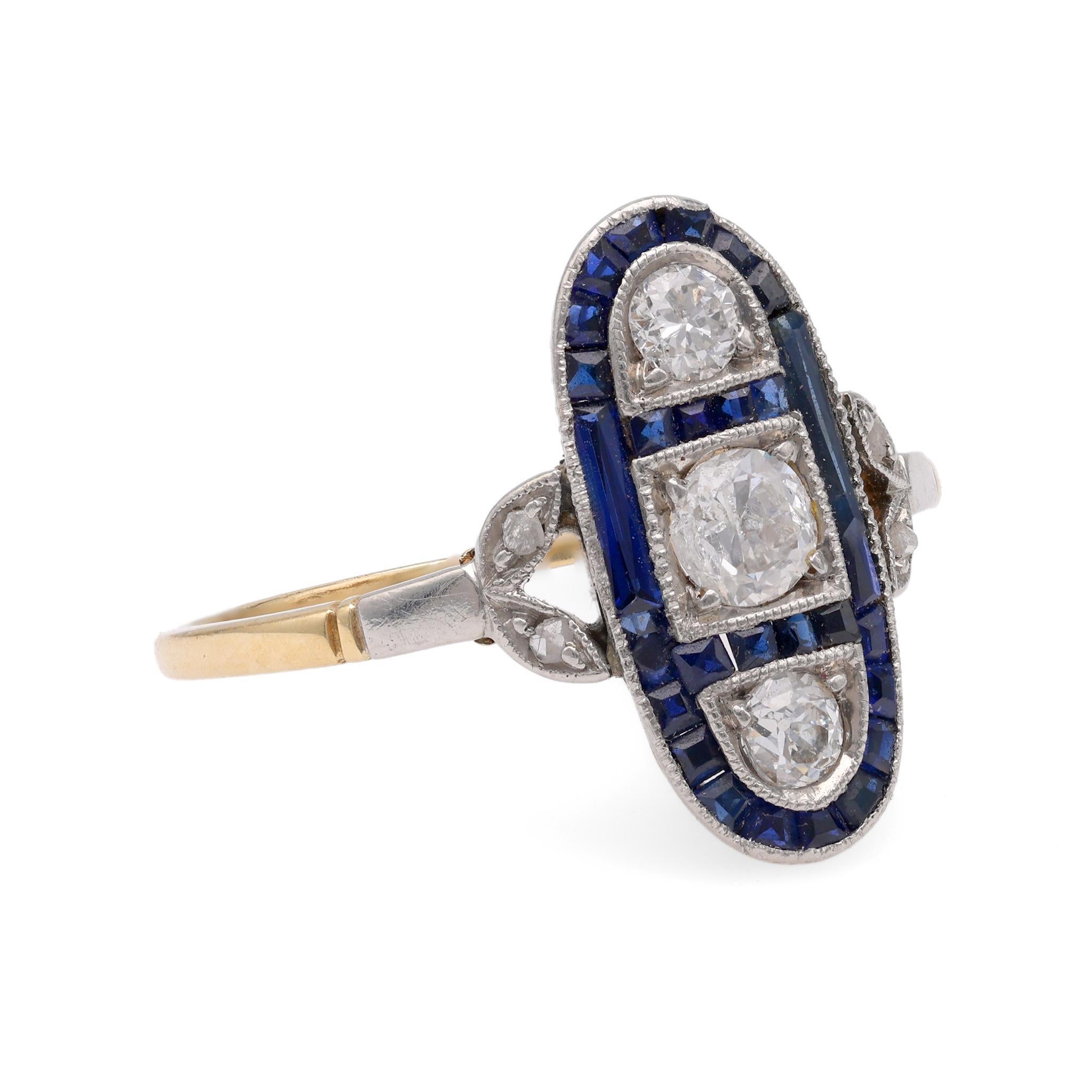 Old European Cut Art Deco Diamond Sapphire Yellow Gold & Platinum Ring For Sale