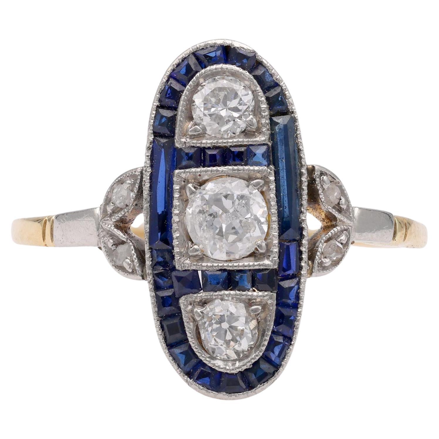Art Deco Diamond Sapphire Yellow Gold & Platinum Ring For Sale