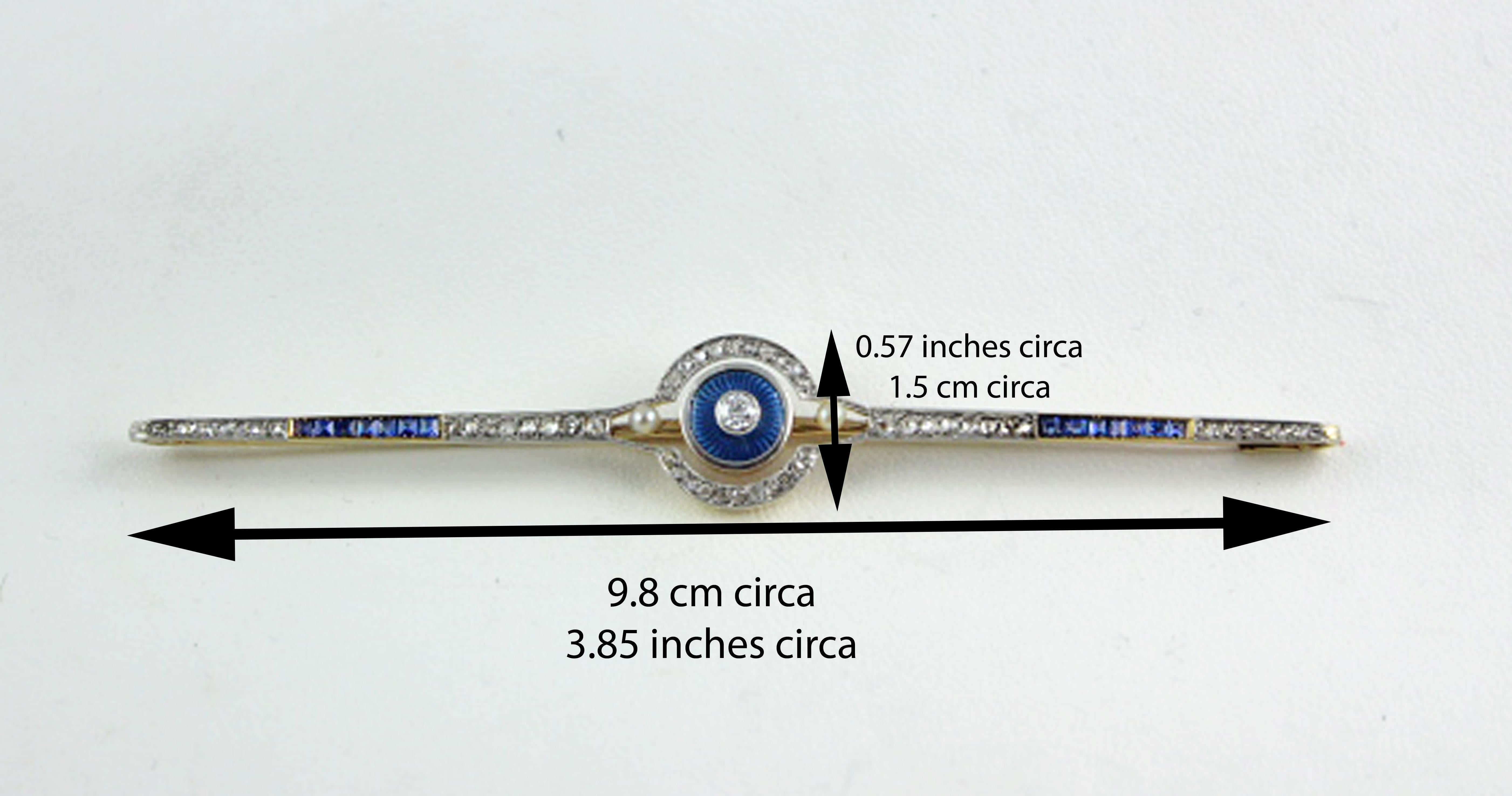 Art Deco Diamond Sapphires Pearls Platinum Yellow Gold Bar Pin Brooch For Sale 3