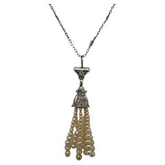 Art Deco Diamond Seed Pearl Tassel Platinum Pendant Vintage Link Necklace