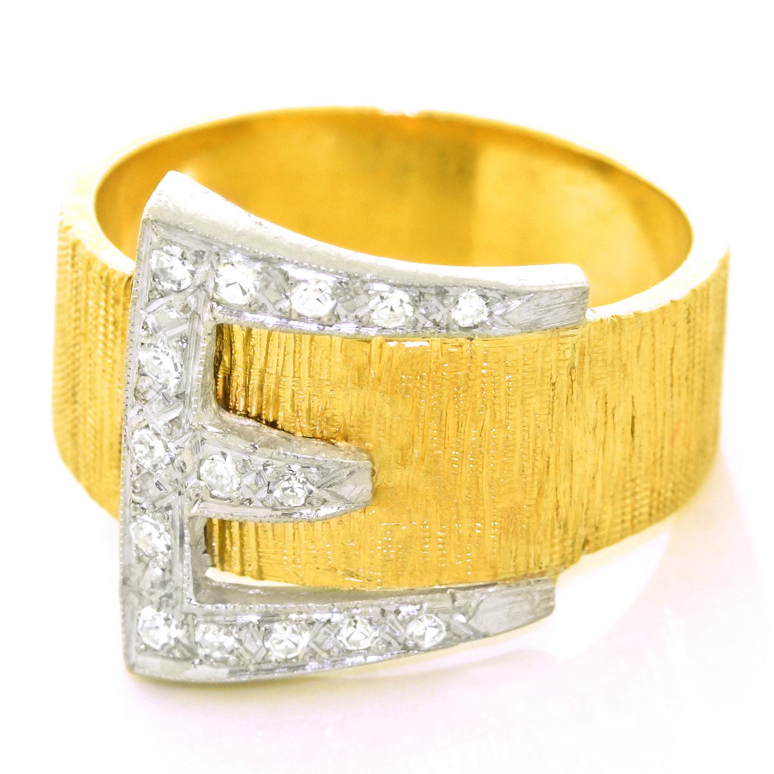 Art Deco Diamond Set Gold Buckle Ring In Excellent Condition In Litchfield, CT