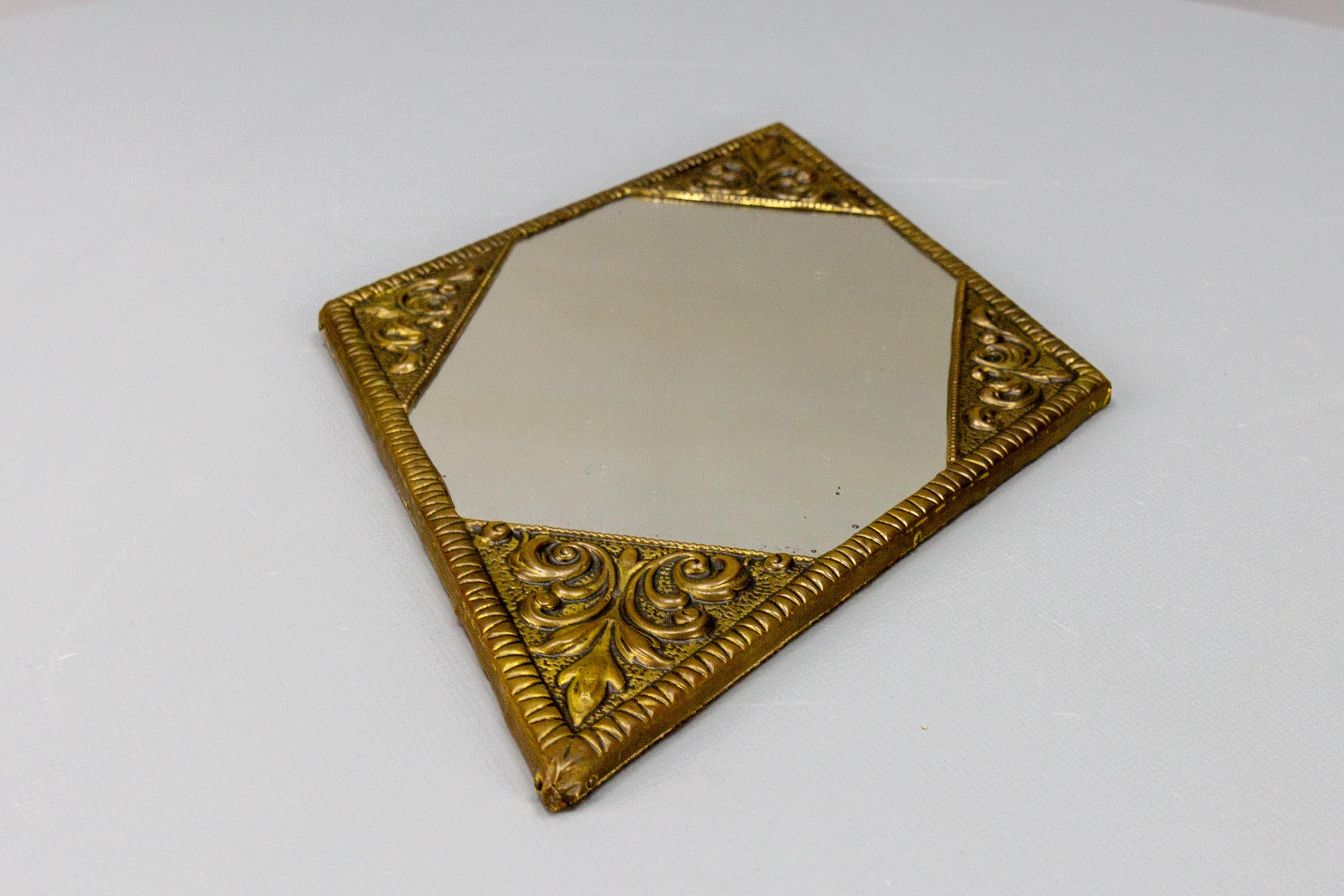 French Art Deco Diamond-Shaped Brass Frame Wall Mirror, ca. 1920 For Sale