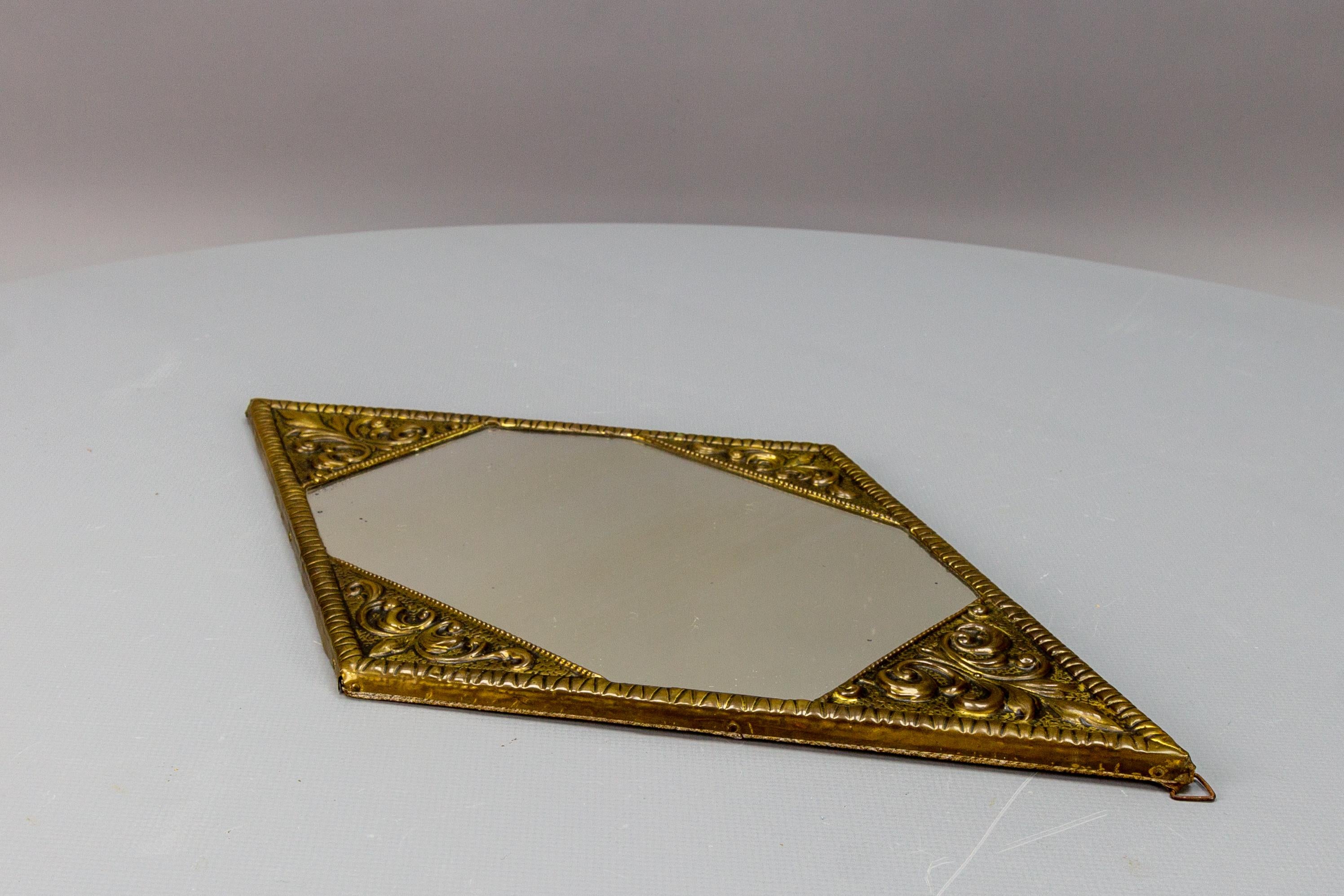 Art Deco Diamond-Shaped Brass Frame Wall Mirror, ca. 1920 In Good Condition For Sale In Barntrup, DE