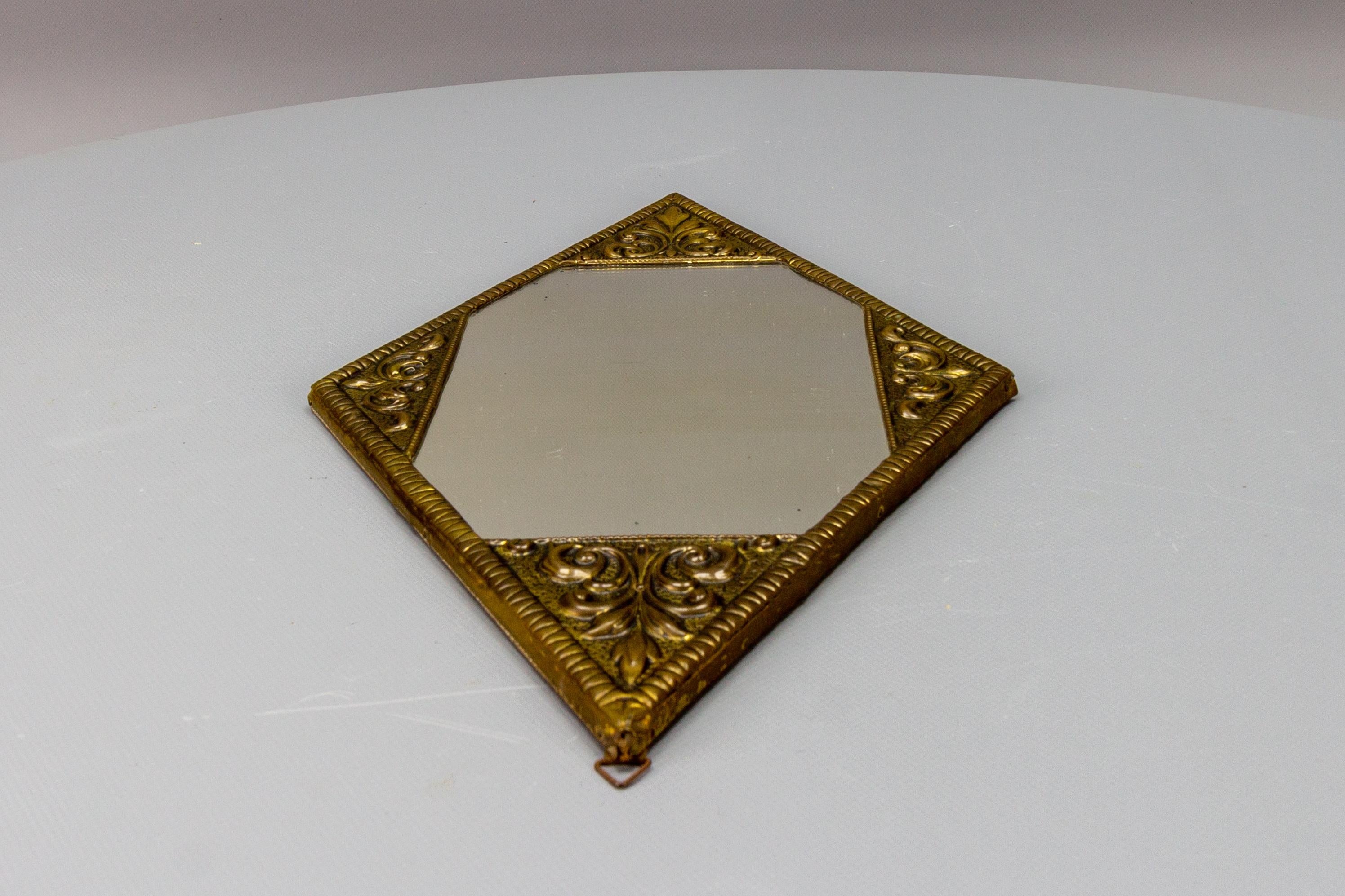 Early 20th Century Art Deco Diamond-Shaped Brass Frame Wall Mirror, ca. 1920 For Sale