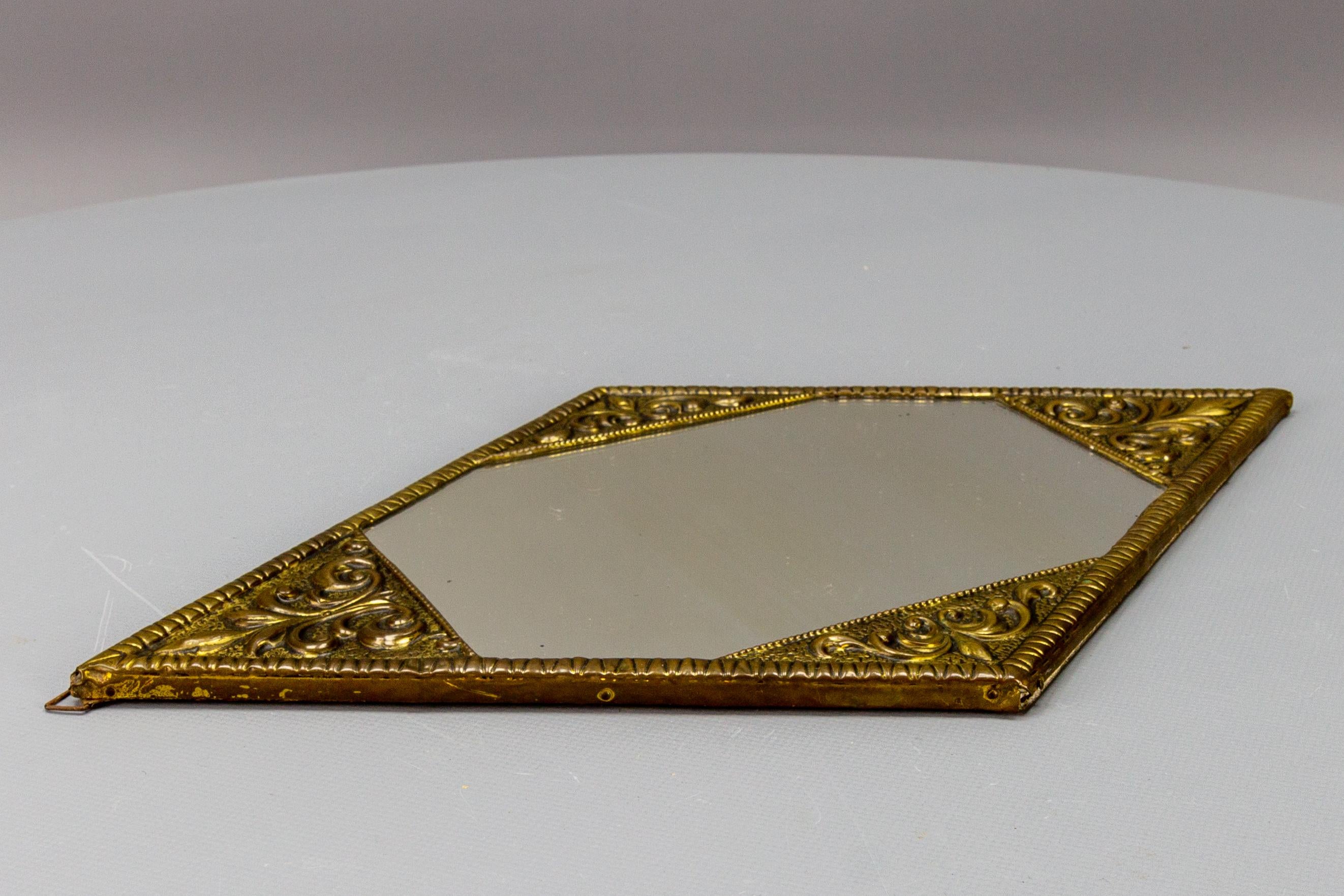 Art Deco Diamond-Shaped Brass Frame Wall Mirror, ca. 1920 For Sale 1