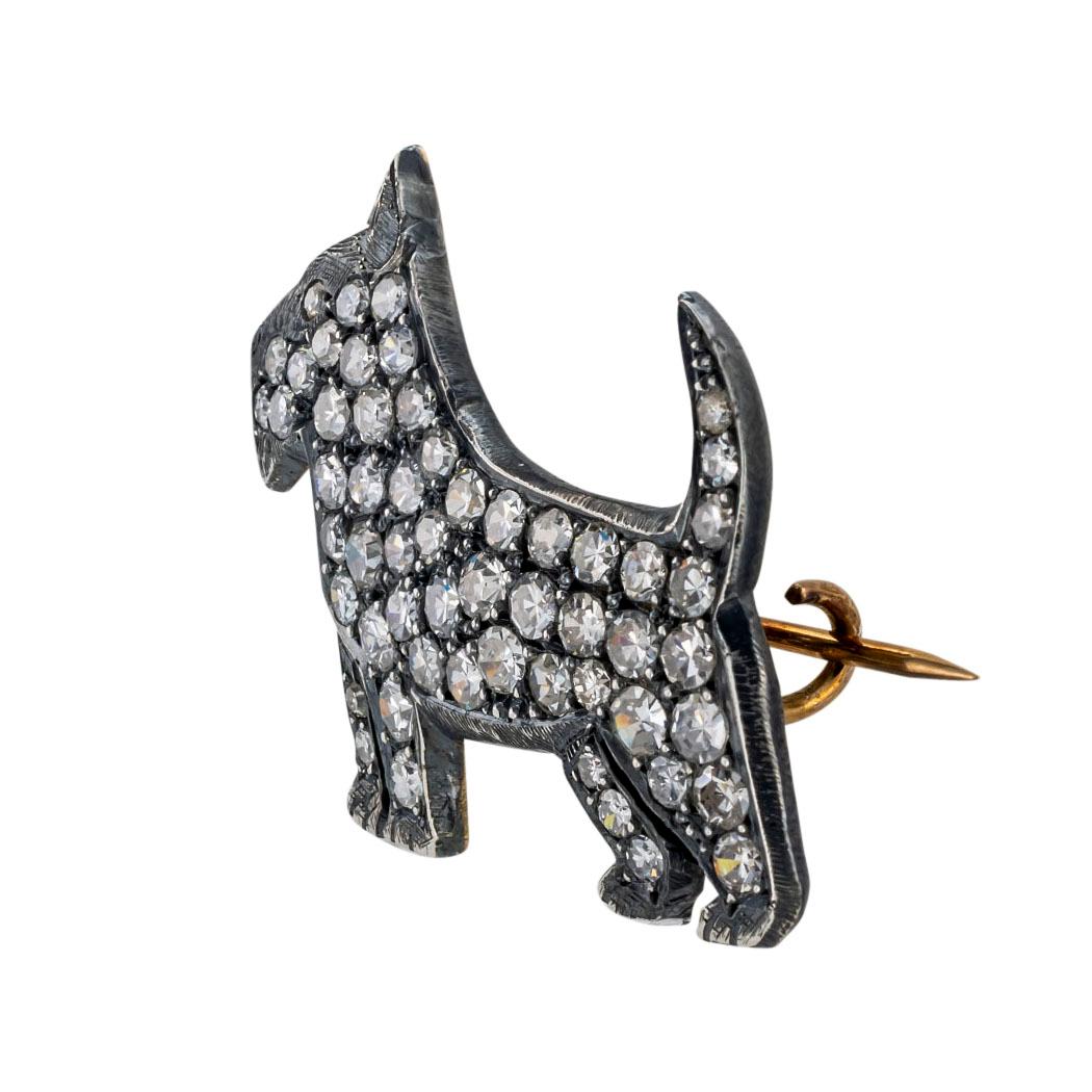 Single Cut Art Deco Diamond Silver Gold Scottie Dog Brooch