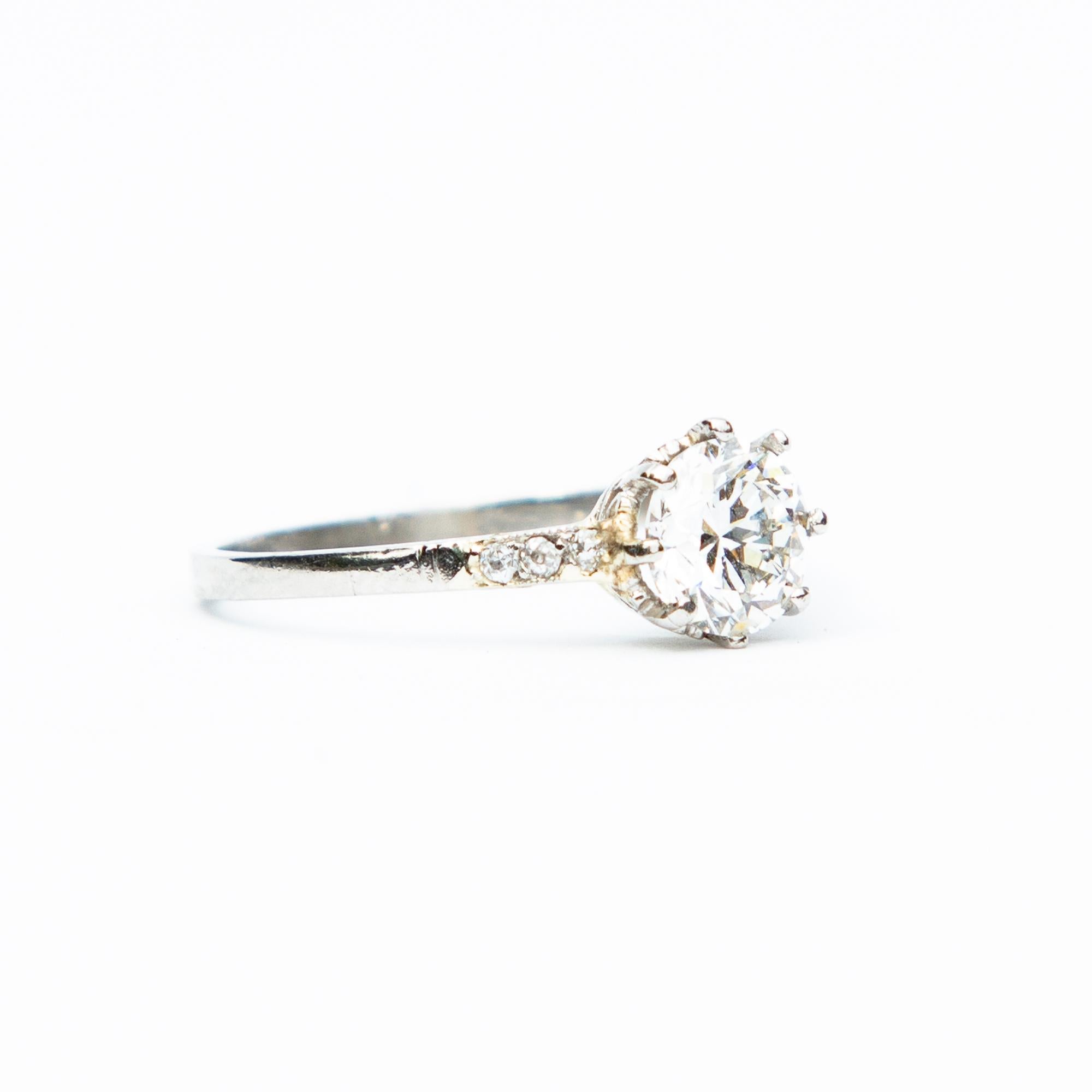 Old European Cut Art Deco Diamond Solitaire 18 Karat White Gold Engagement Ring