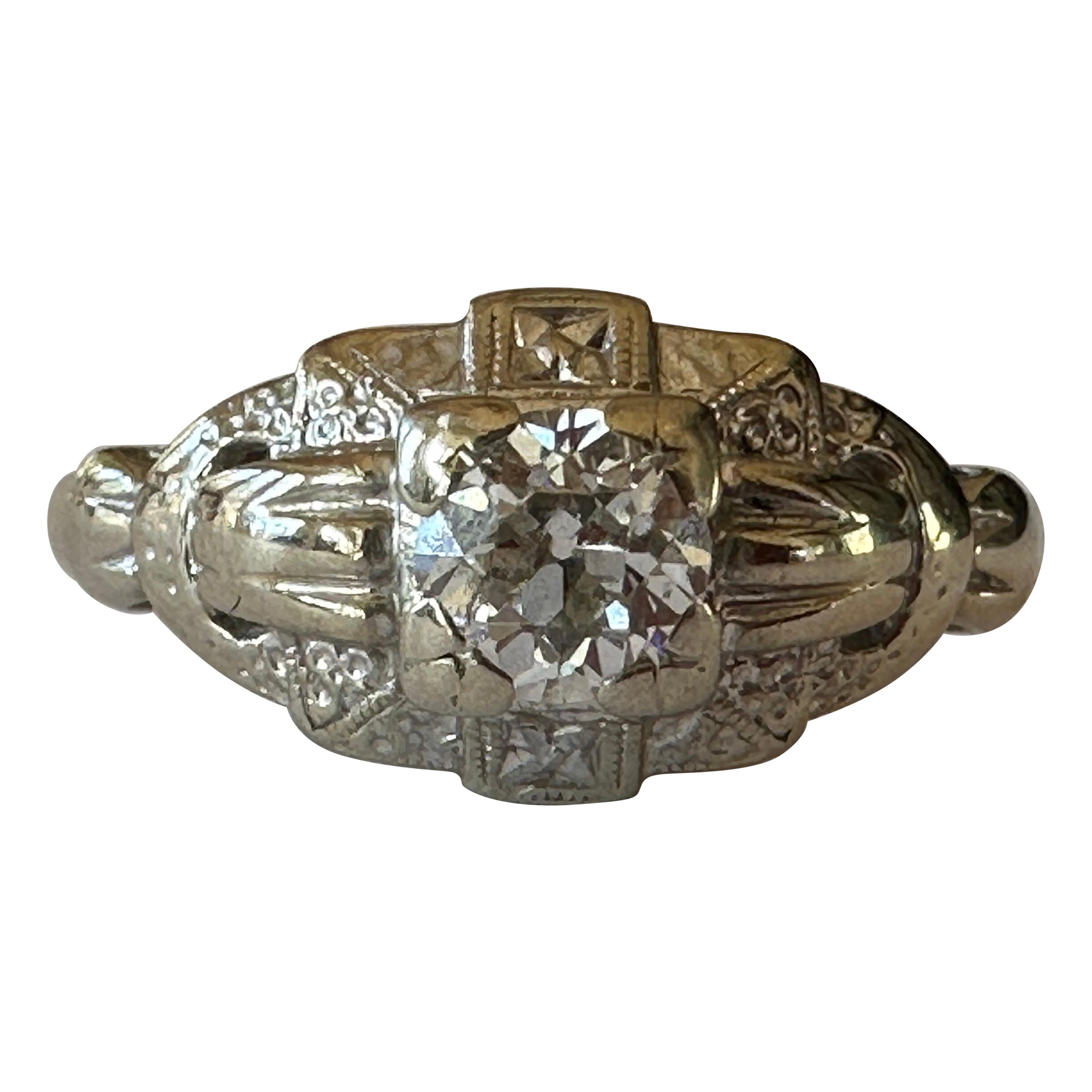 Bague de fiançailles Art déco solitaire en or blanc 14 carats et diamants