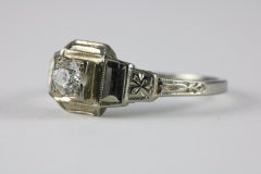 Art Deco Diamond Solitaire and 18K White Gold Engagement Ring