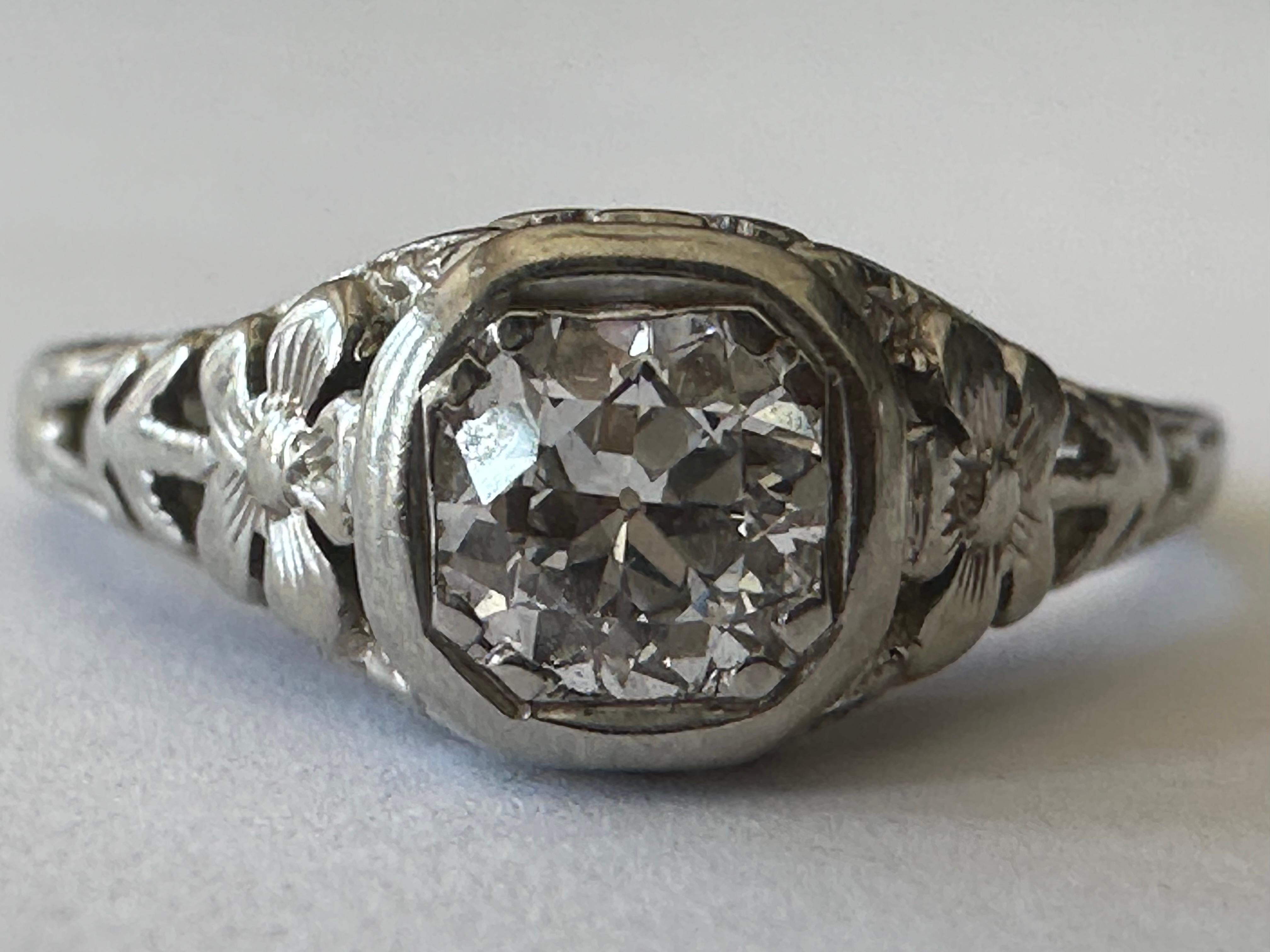 Art Deco Diamond Solitaire and Filigree Ring  For Sale 2