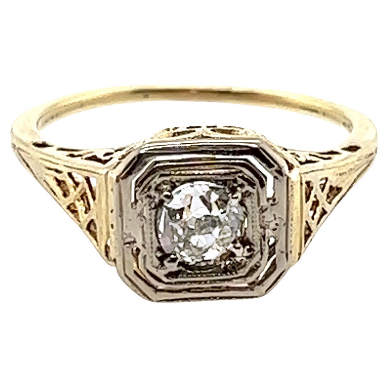 Art Deco Diamond Solitaire Engagement Ring .40ct 14K Yellow Gold Antique Origina en vente