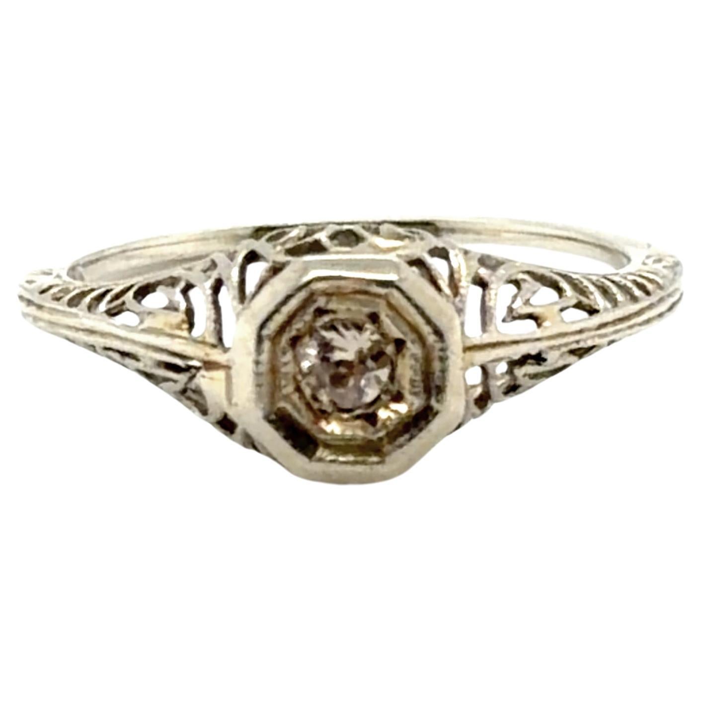 Art Deco Diamond Solitaire Engagement Ring Filigree Mined Original 1920's 18K