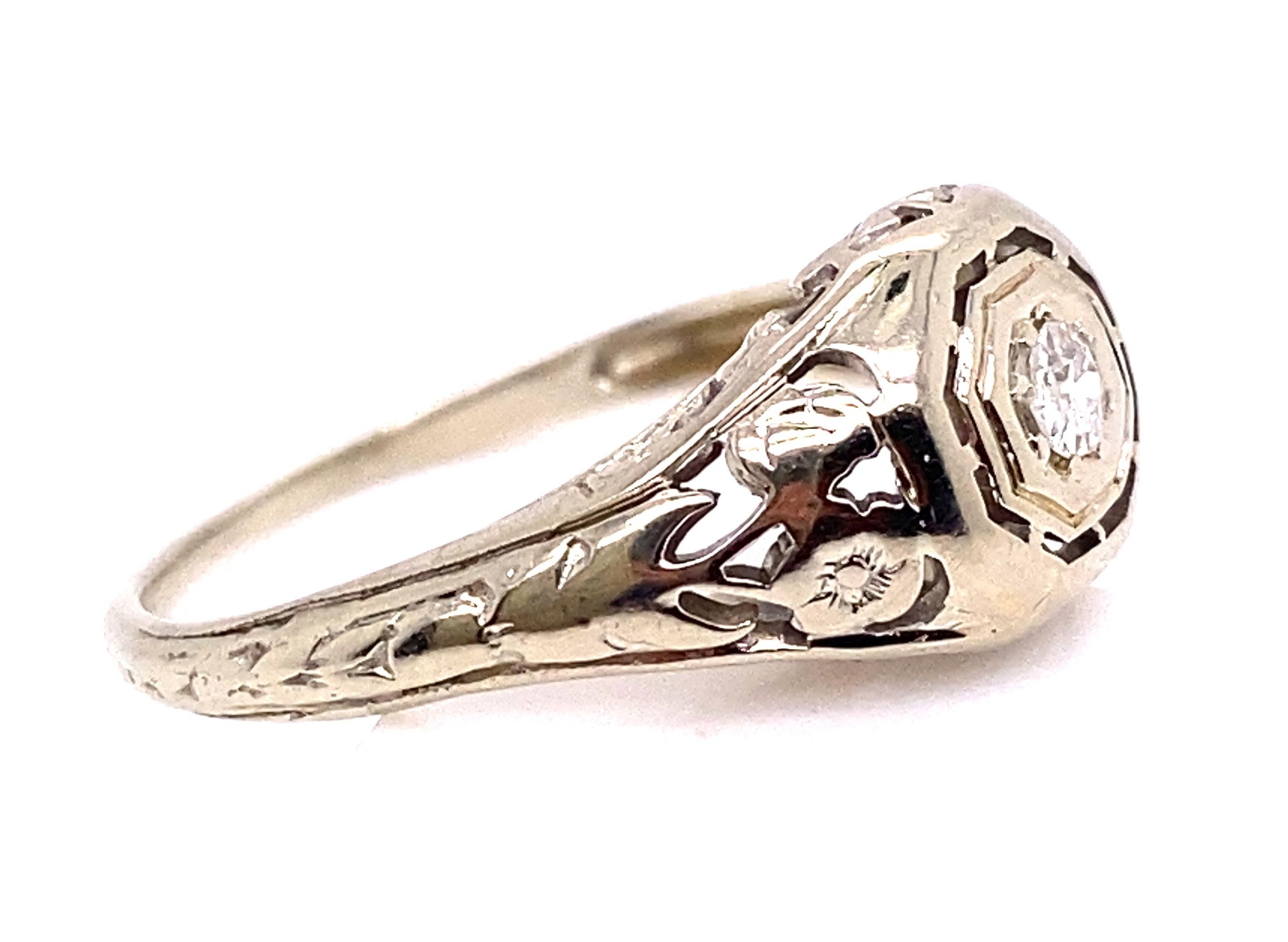Old European Cut Art Deco Diamond Solitaire Engagement Ring Flowers 18k Original 1930s Antique For Sale