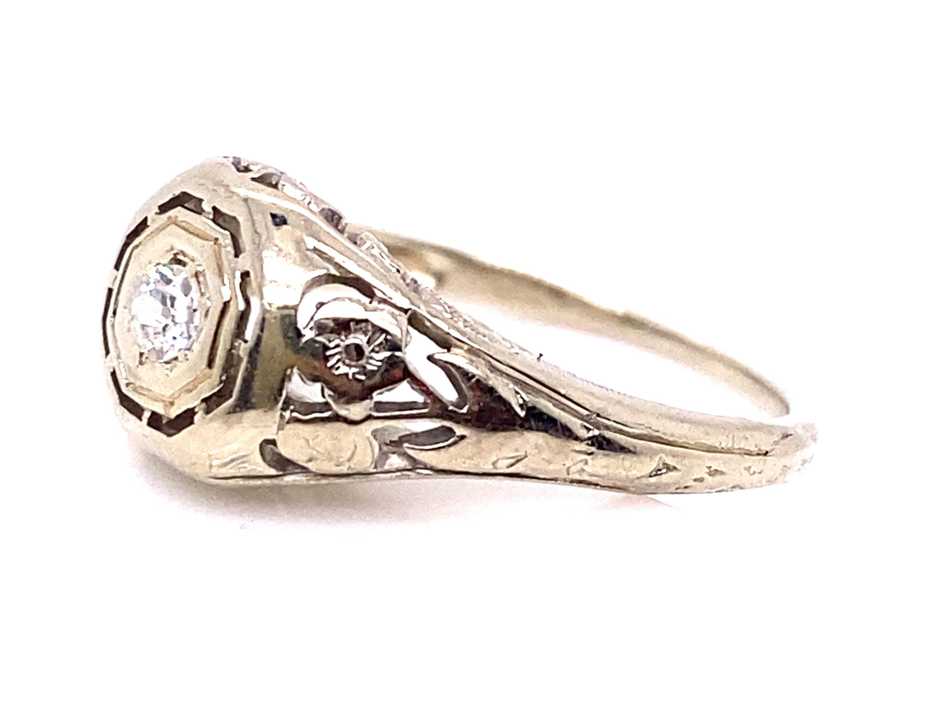 Art Deco Diamond Solitaire Engagement Ring Flowers 18k Original 1930s Antique In Excellent Condition For Sale In Dearborn, MI