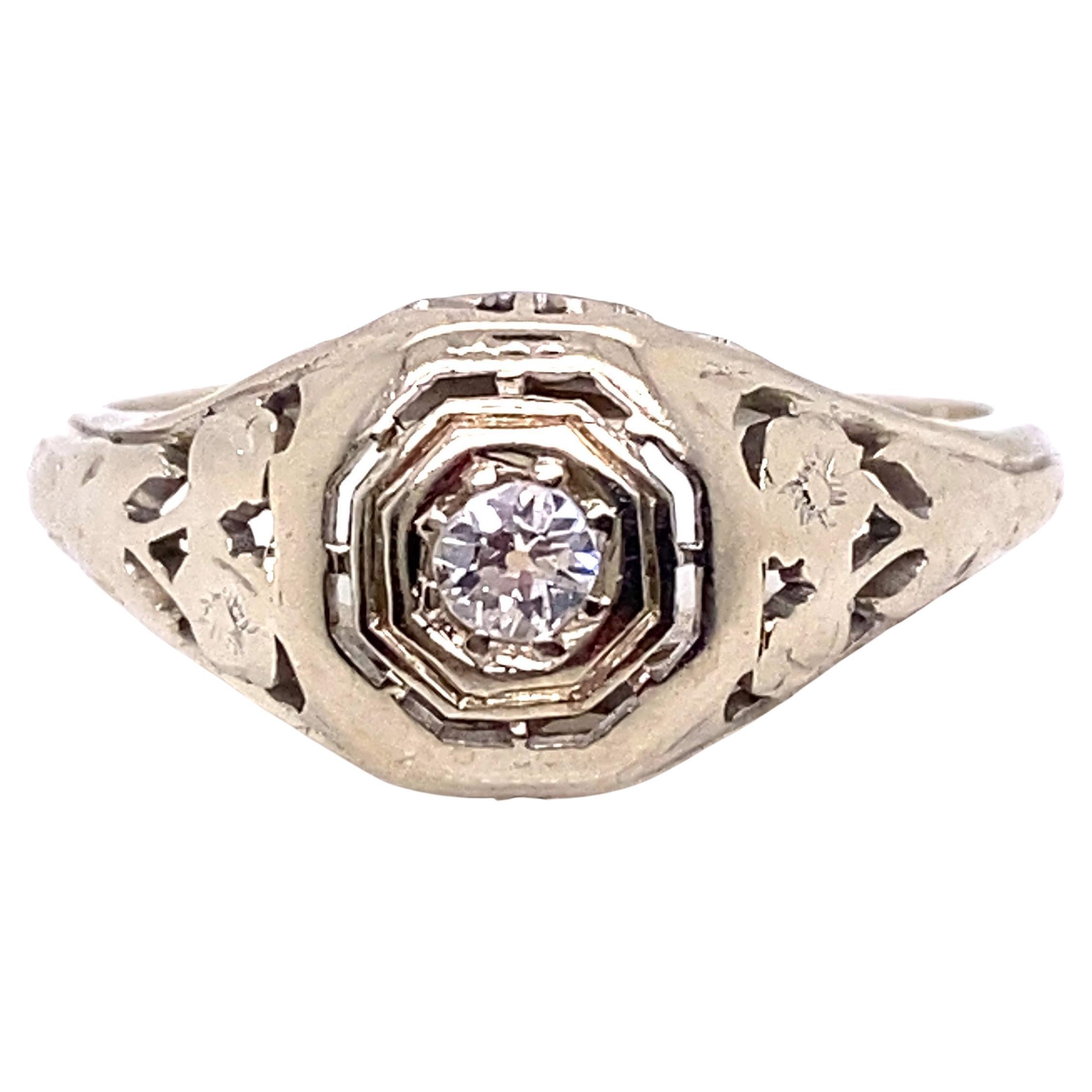 Art Deco Diamond Solitaire Engagement Ring Flowers 18k Original 1930s Antique For Sale