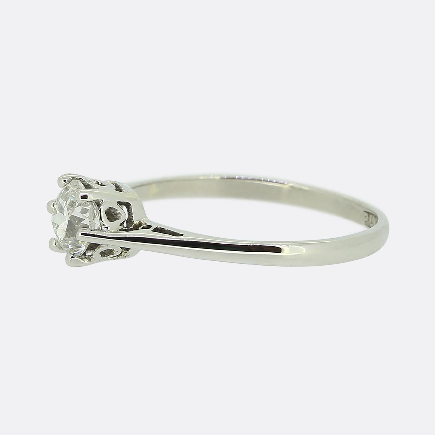 Here we have a platinum diamond solitaire ring that dates back to the Art Deco era. The ring features a single 0.50 carat old european cut diamond that sits in a six claw mount.

Condition: Used (Very Good)
Weight: 2.3 grams
Size: N (54)
Diamond: