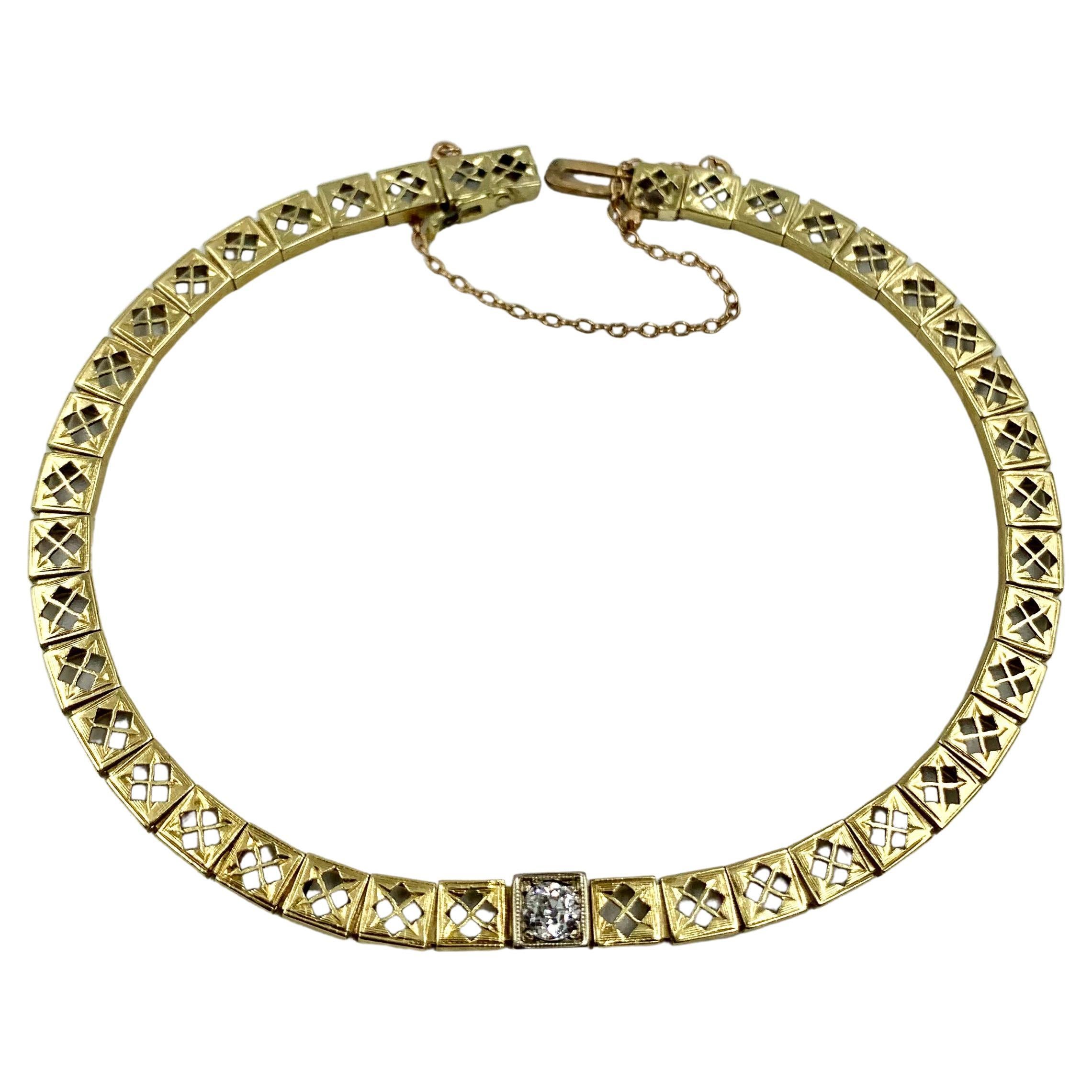 Art Deco Diamond Solitaire Filigree Arrow Motif 14K Yellow Gold Bracelet 5