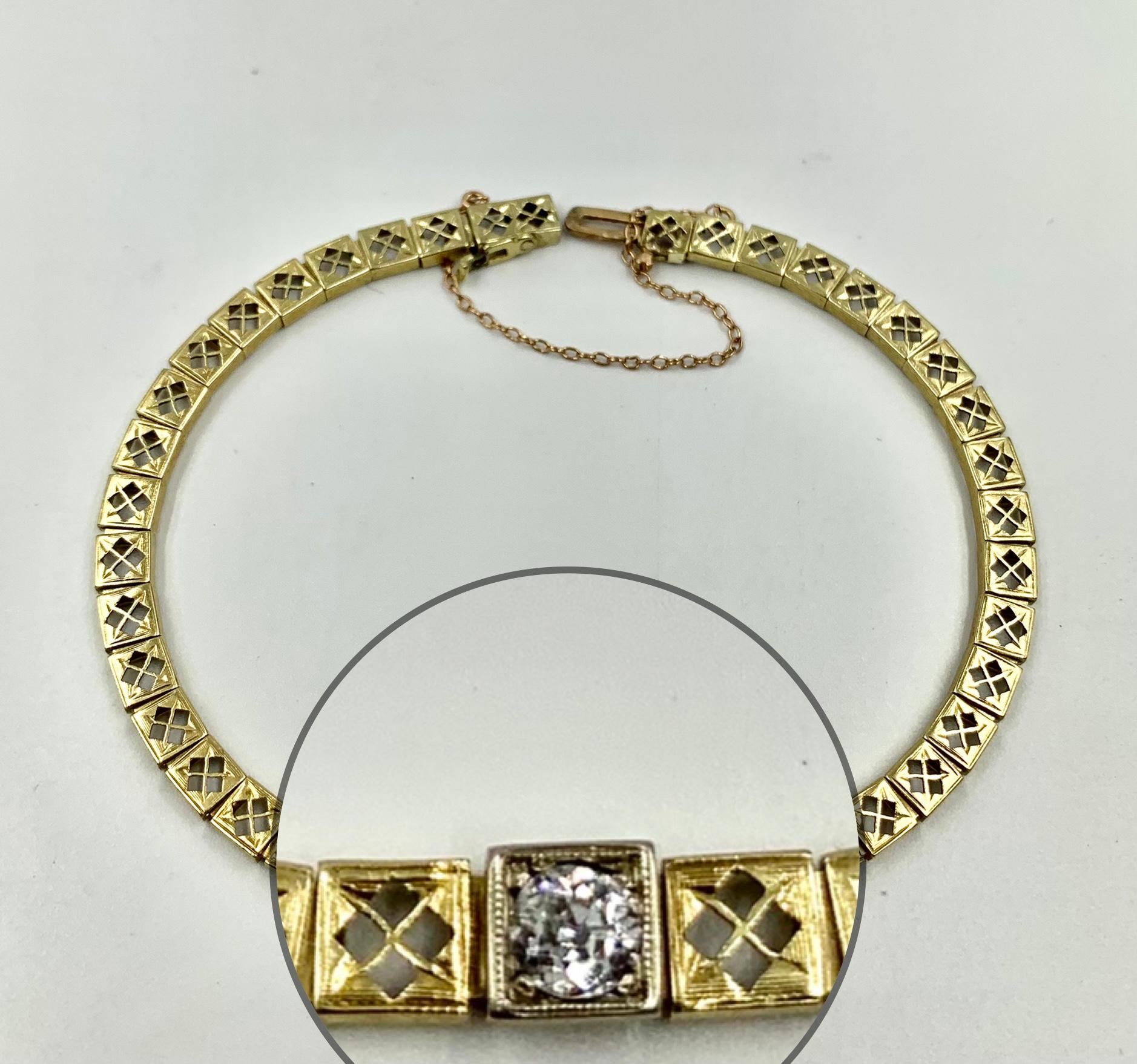 Art Deco Diamond Solitaire Filigree Arrow Motif 14K Yellow Gold Bracelet 2