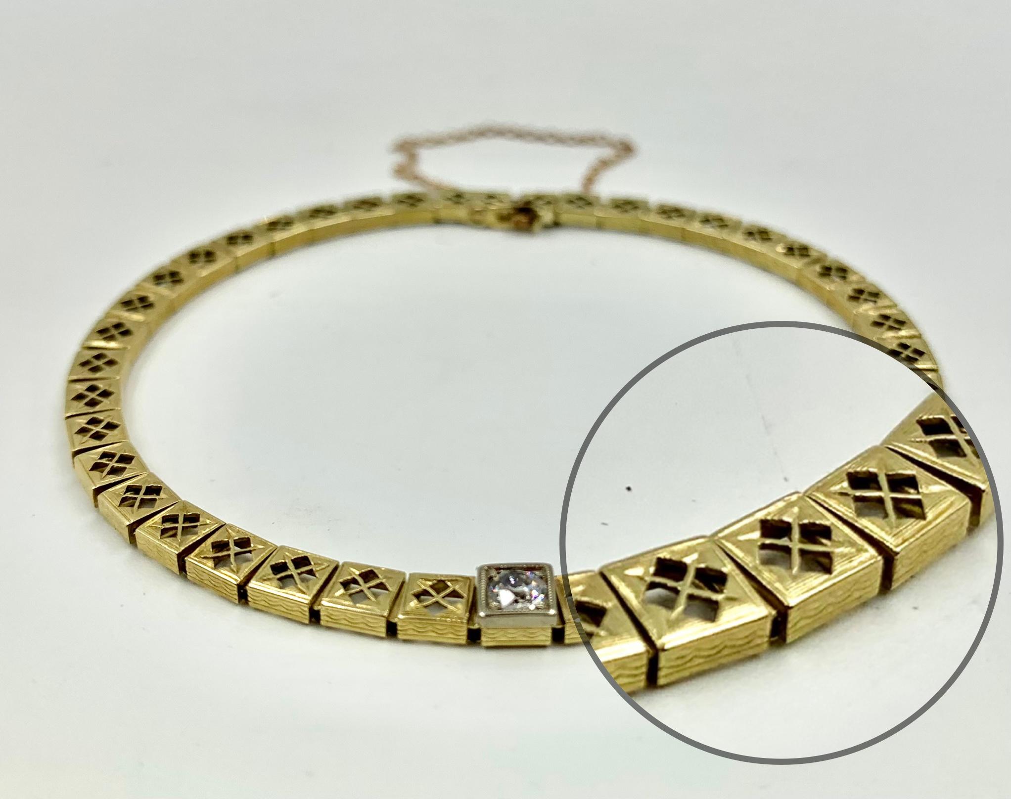 Art Deco Diamond Solitaire Filigree Arrow Motif 14K Yellow Gold Bracelet 3