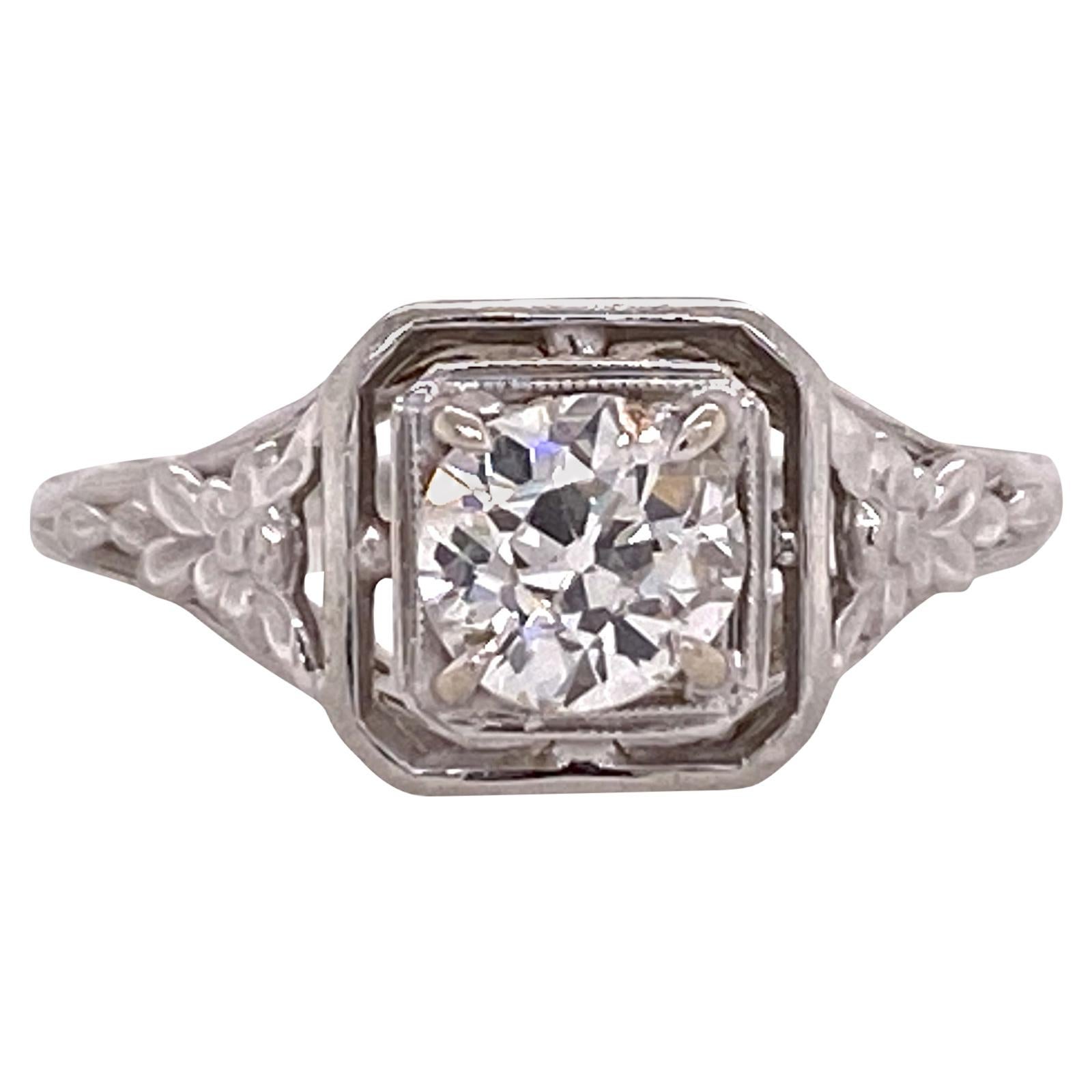Art Deco Diamond Solitaire Filigree Engagement Ring 18 Karat Gold GIA Certified
