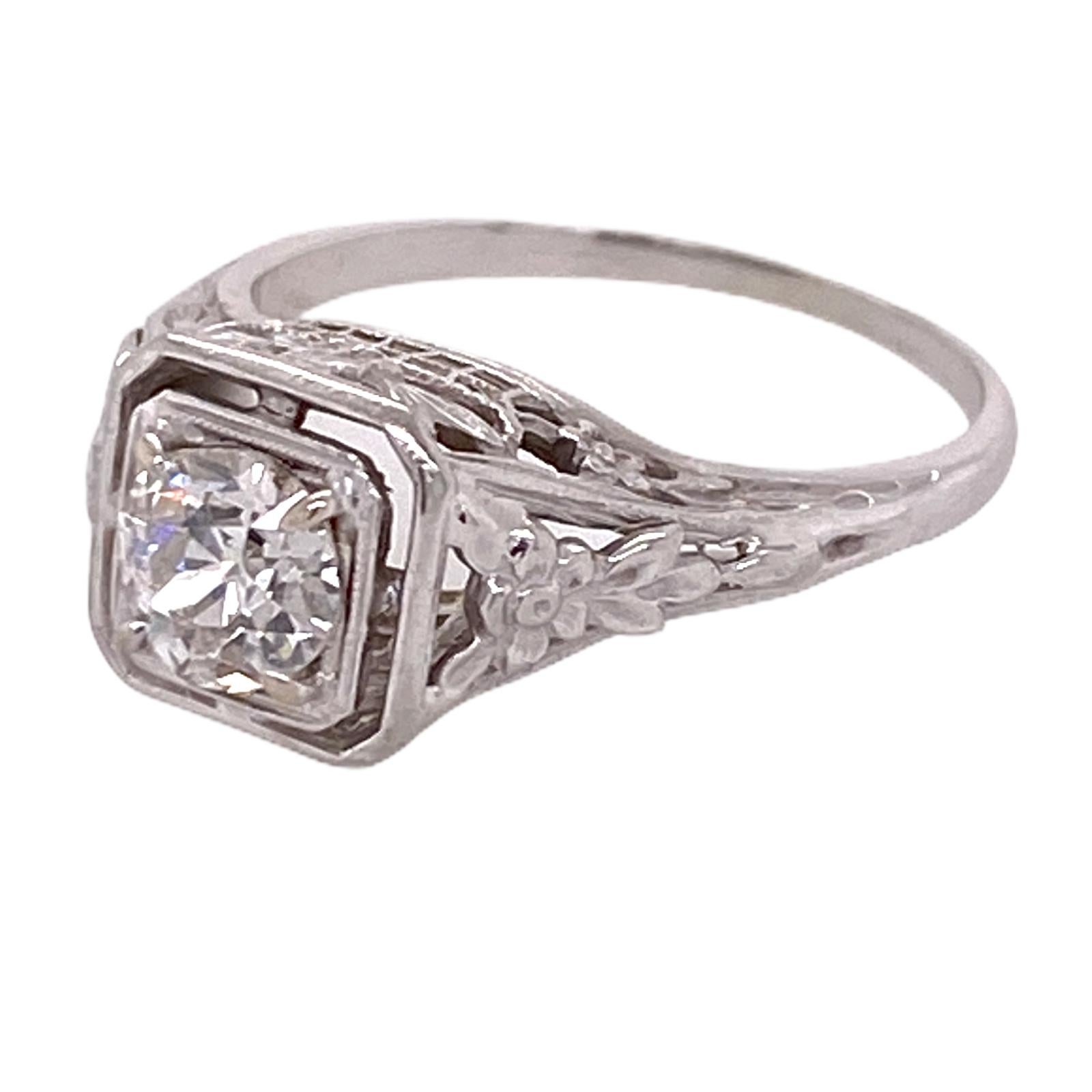 Old European Cut Art Deco Diamond Solitaire Filigree Engagement Ring 18 Karat Gold GIA Certified