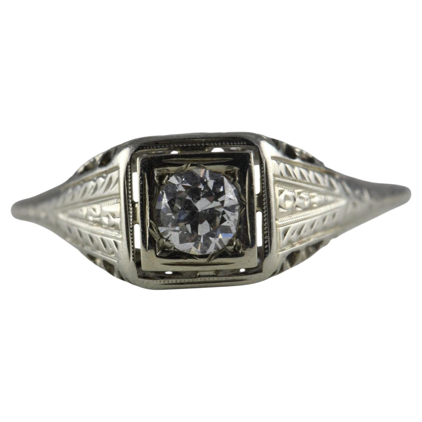 Art Deco Diamond Solitaire Filigree Ring For Sale