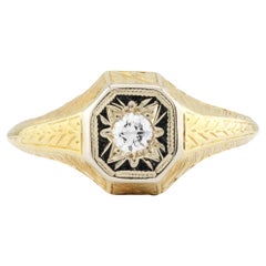 Art Deco Diamond Solitaire Hand Engraved Two Tone 14k Gold Ring