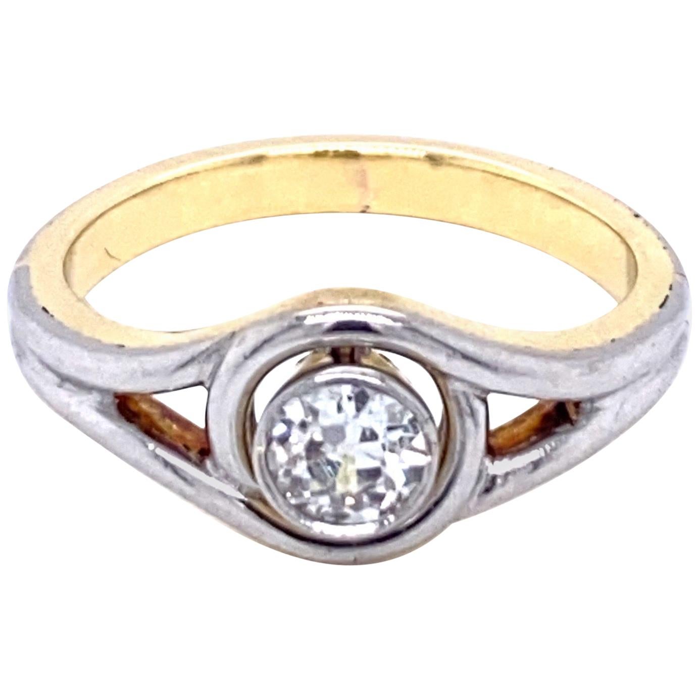 Art Deco Diamond Solitaire Platinum Gold Bicolor Ring