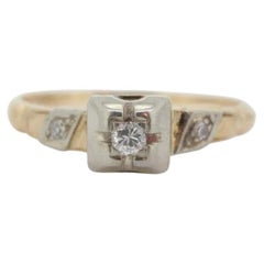 Anello solitario con diamante Art Deco. Anello floreale con diamante vecchio taglio europeo in oro 14k