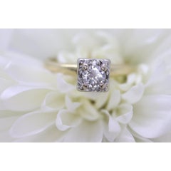 Art Deco Diamond Solitaire Square setting Ring. 14k Gold European Cut diamond