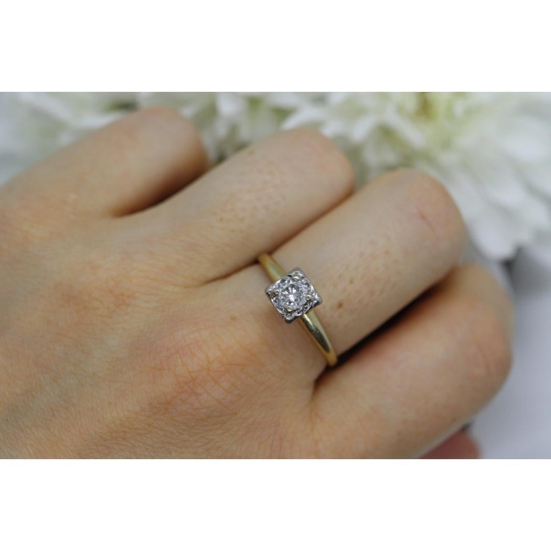 Anello con solitario quadrato in stile Art Deco. Diamante taglio europeo in oro 14k in vendita 2