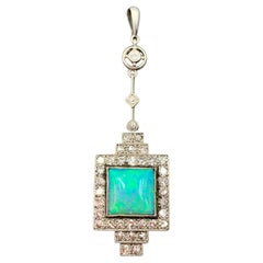 Art Deco Diamond Square Cut Cabochon Blue-Green Opal 18K White Gold Pendant