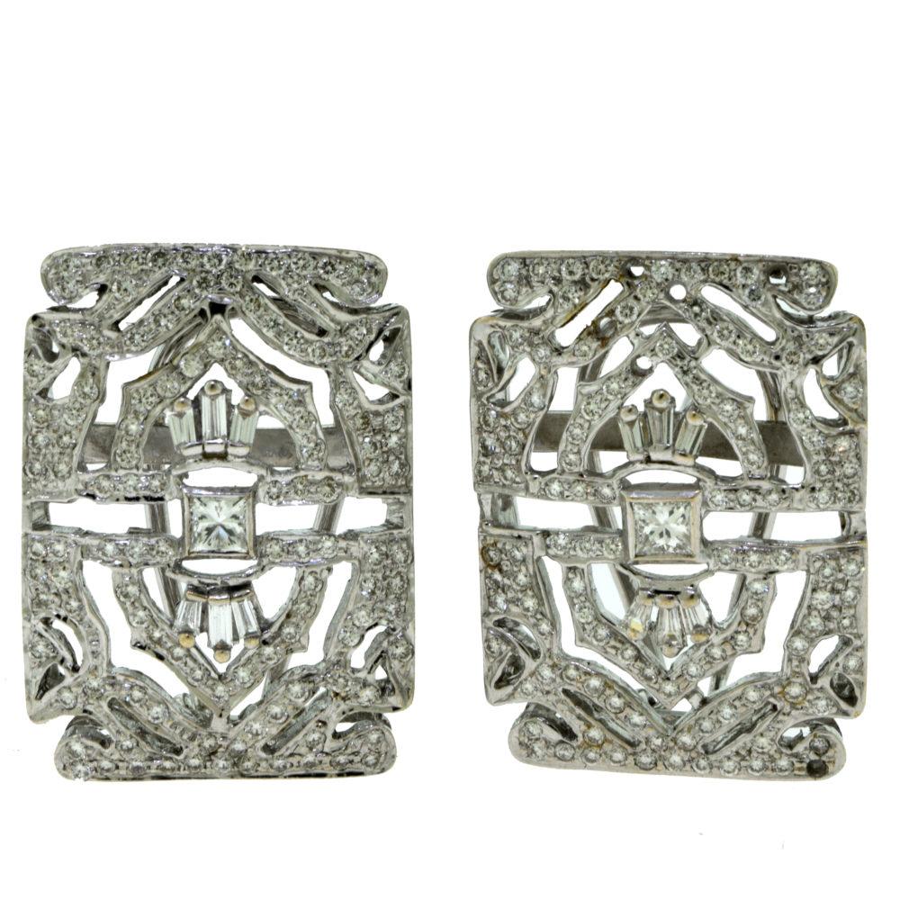 Round Cut Art Deco Style Diamond Studded Square White Gold Earrings For Sale