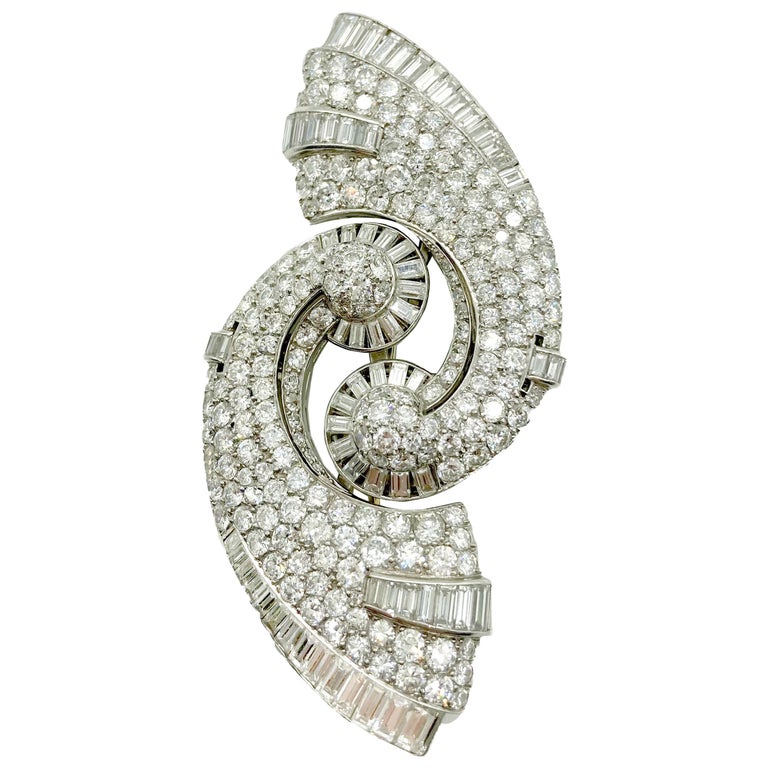 Art Deco Diamond Swirl Brooch For Sale