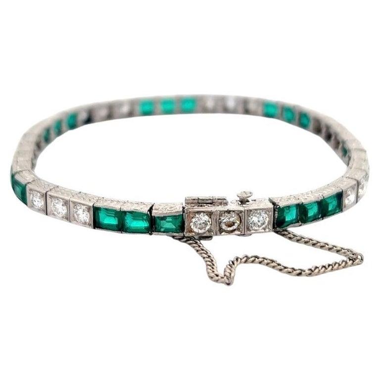 Women's or Men's Art Deco Diamond Synthetic Emerald Platinum Tennis Bracelet