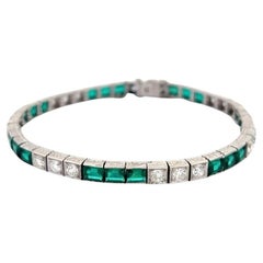 Art Deco Diamond Synthetic Emerald Platinum Tennis Bracelet