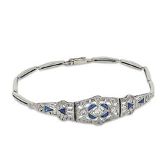 Art Deco diamond synthetic sapphire 14k white gold bracelet