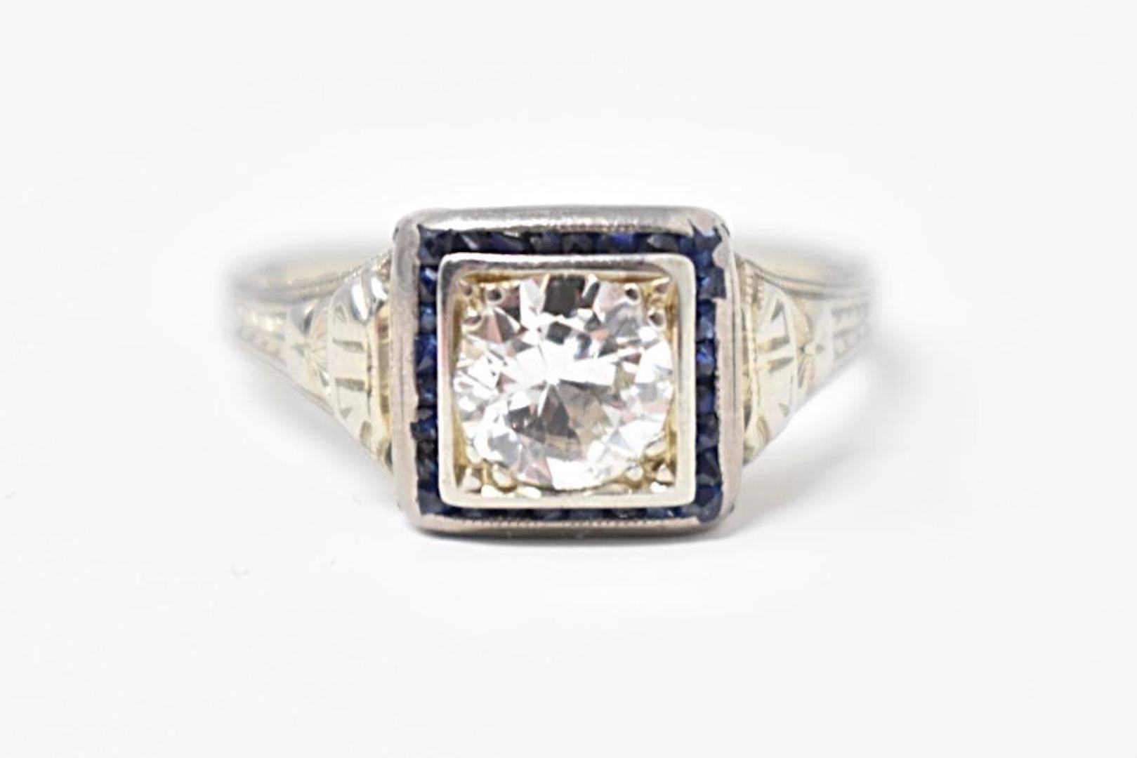 Old European Cut Art Deco Diamond Synthetic Sapphire 18k White Gold Alternative Engagement Ring