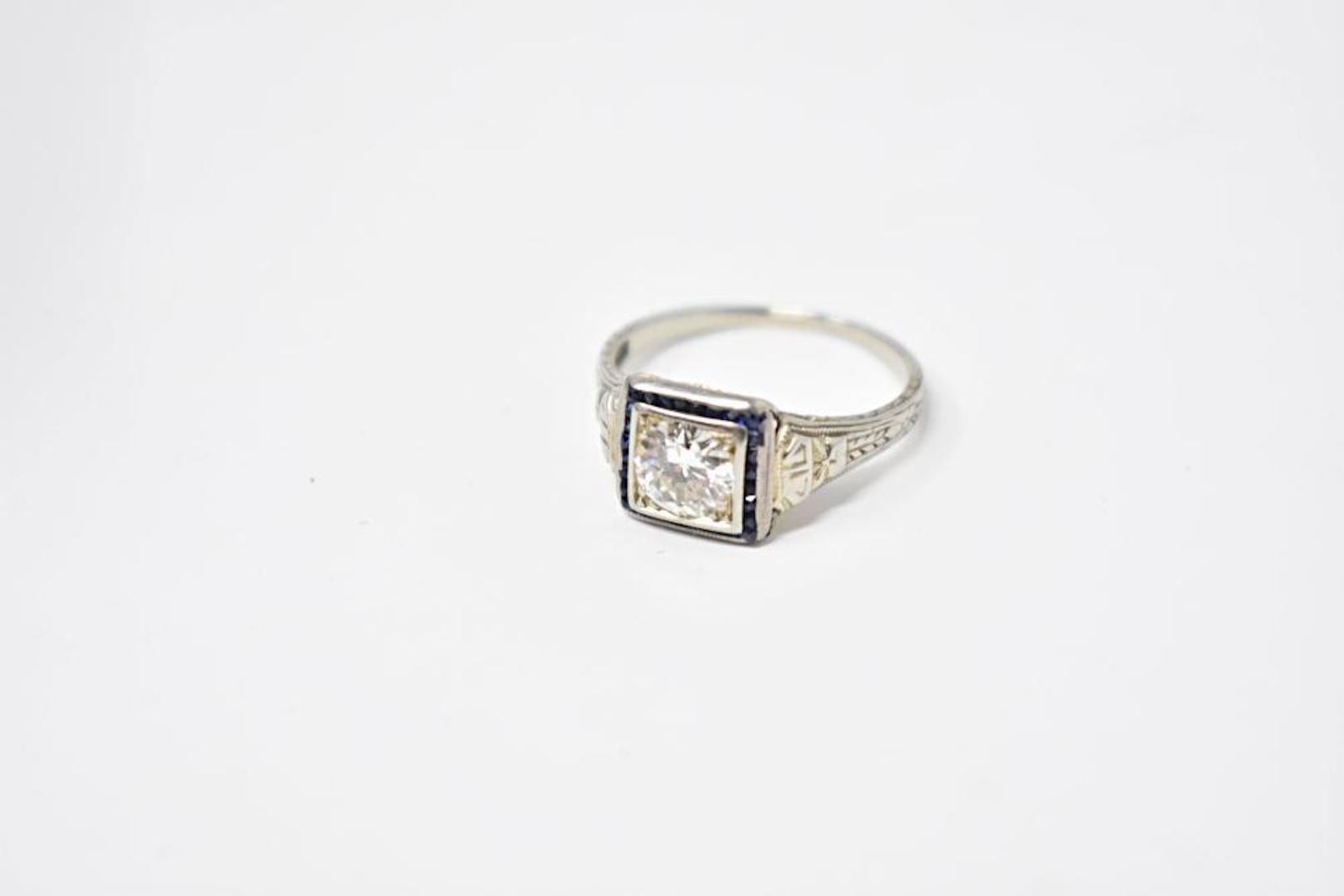 Women's or Men's Art Deco Diamond Synthetic Sapphire 18k White Gold Alternative Engagement Ring