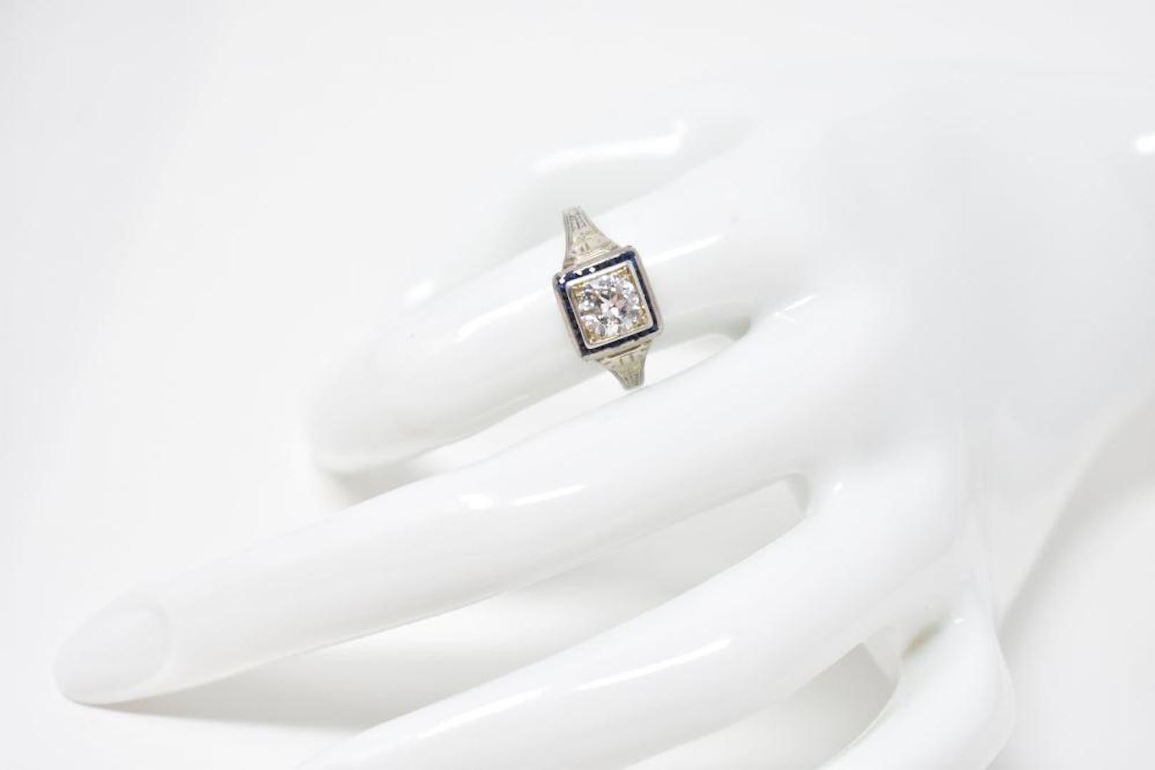Art Deco Diamond Synthetic Sapphire 18k White Gold Alternative Engagement Ring 1