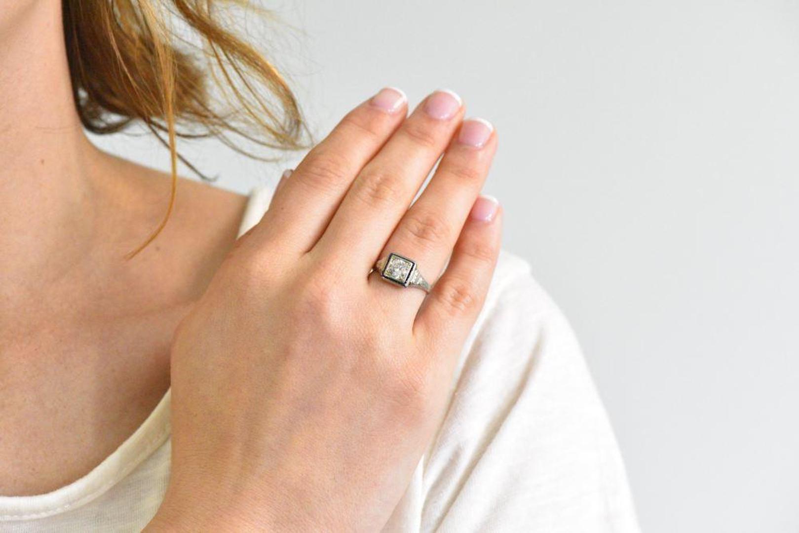 Art Deco Diamond Synthetic Sapphire 18k White Gold Alternative Engagement Ring 2