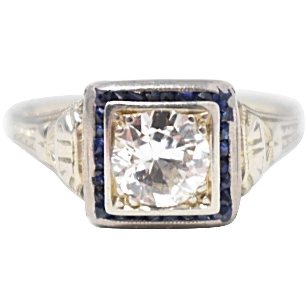 Art Deco Diamond Synthetic Sapphire 18k White Gold Alternative Engagement Ring
