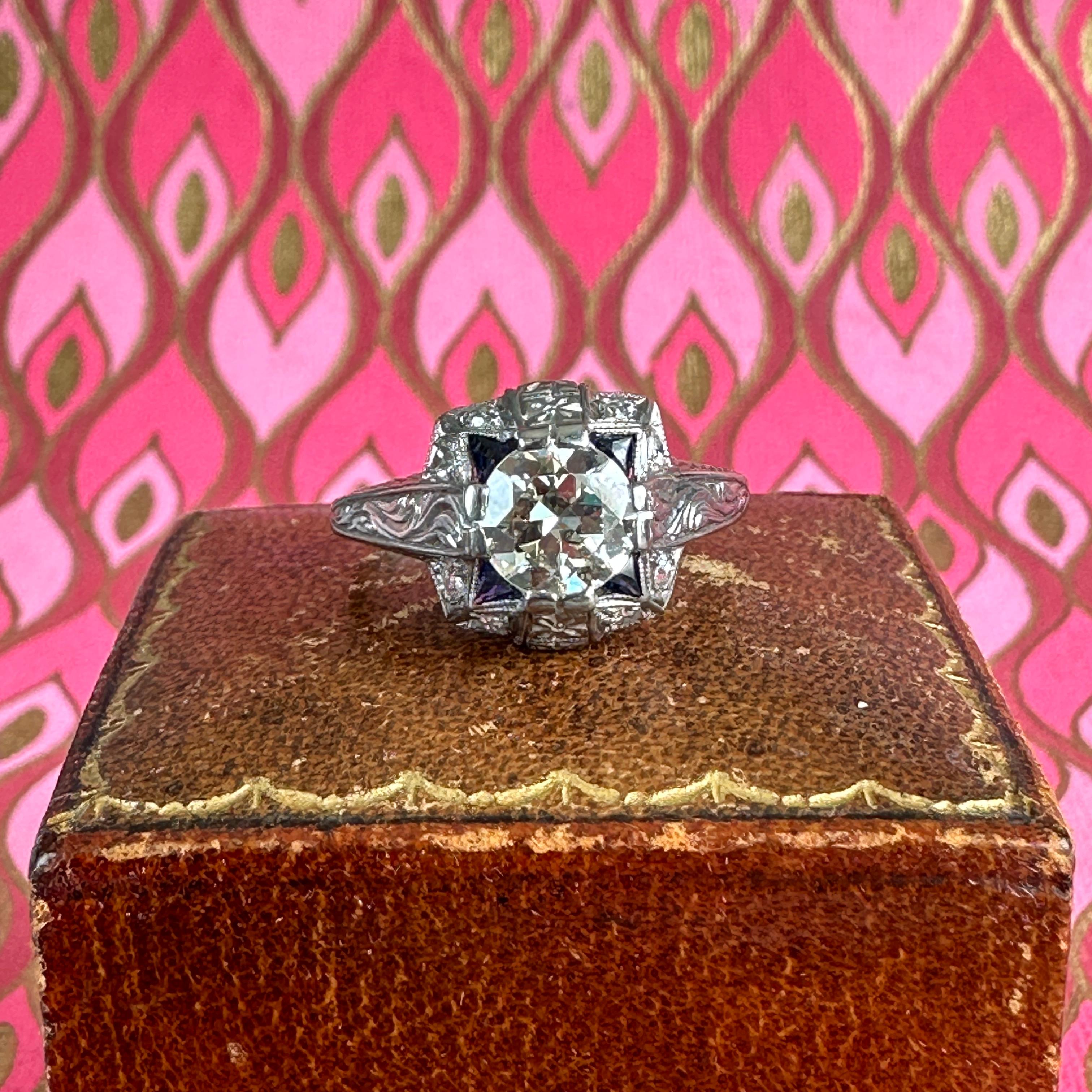 Art Deco Diamond & Synthetic Sapphire Engraved 1 Carat Platinum Ring For Sale 8