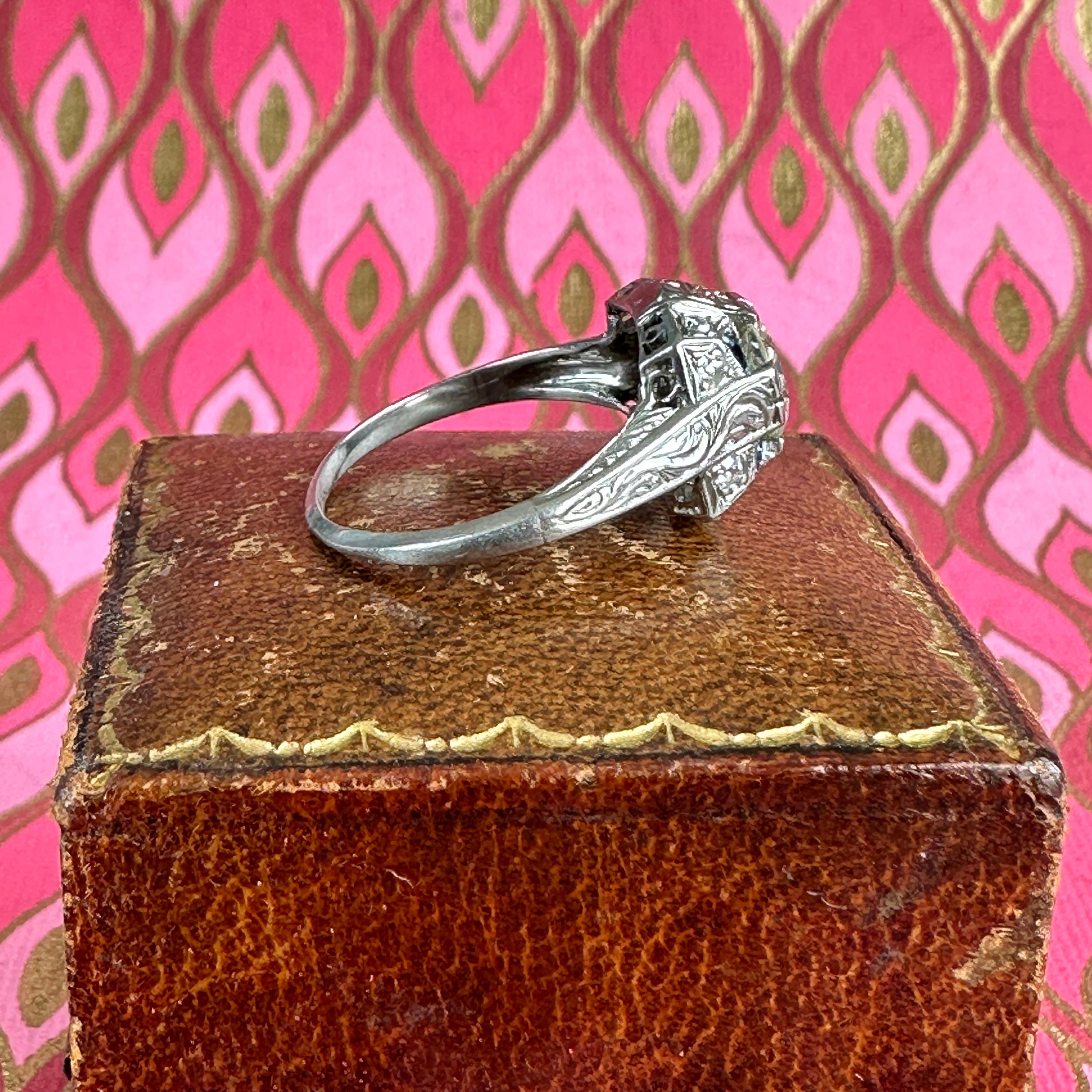 Art Deco Diamond & Synthetic Sapphire Engraved 1 Carat Platinum Ring For Sale 12