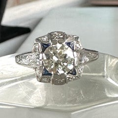 Art Deco Diamond & Synthetic Sapphire Engraved 1 Carat Platinum Ring