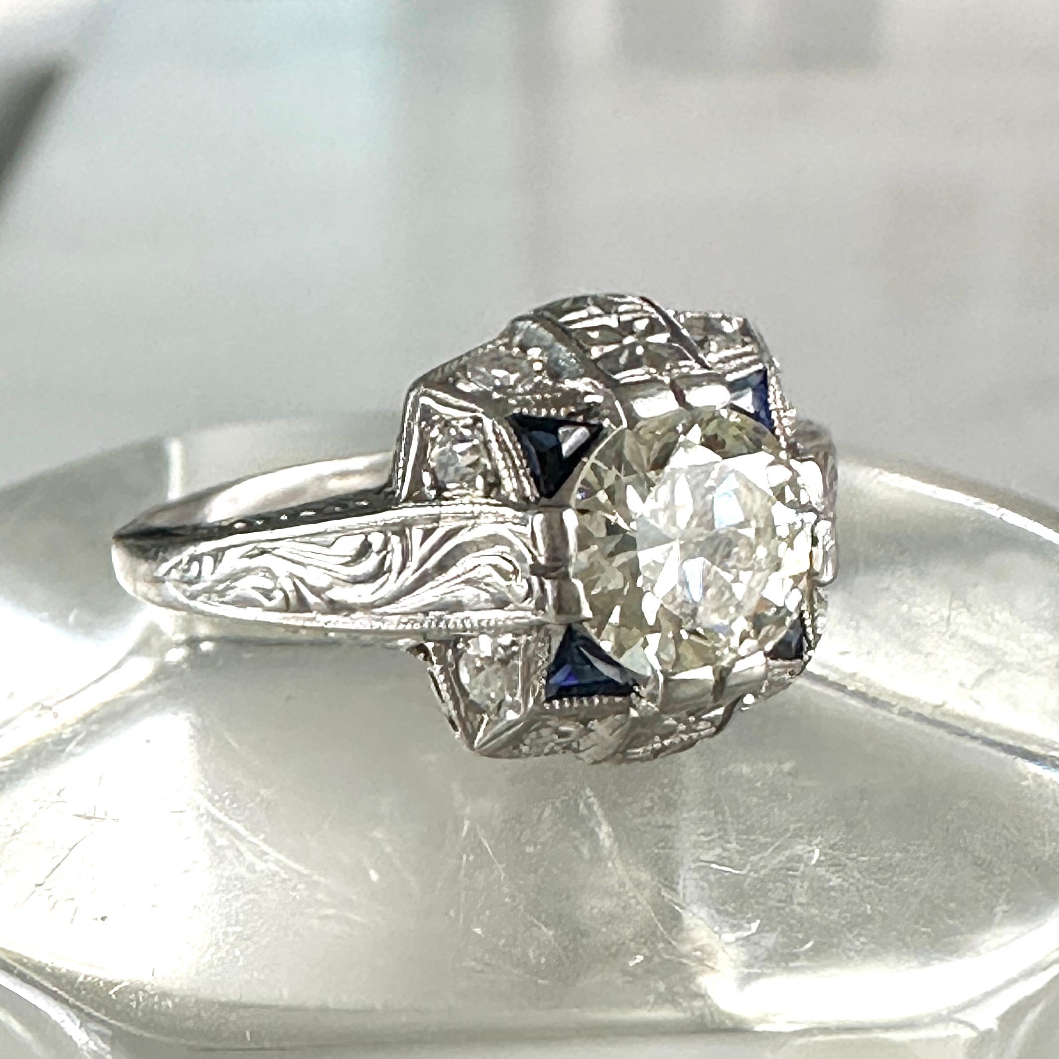 Old European Cut Art Deco Diamond & Synthetic Sapphire Engraved 1 Carat Platinum Ring For Sale