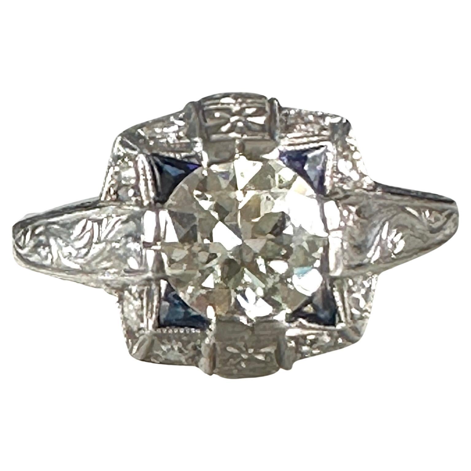 Art Deco Diamond & Synthetic Sapphire Engraved 1 Carat Platinum Ring For Sale