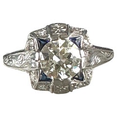 Art Deco Diamond & Synthetic Sapphire Engraved 1 Carat Platinum Ring